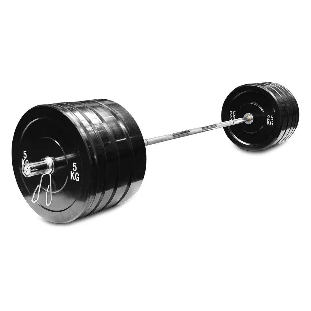 Pro Olympic Barbell + 170kg Bumper Plate Set with Clips - Image 5