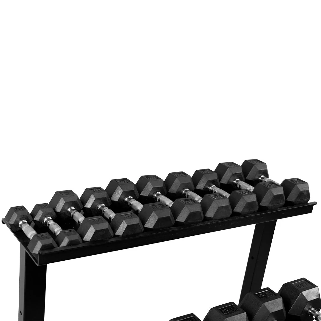 2-25kg Rubber Hex Dumbbell Set with 2-Tier Rack - Image 3