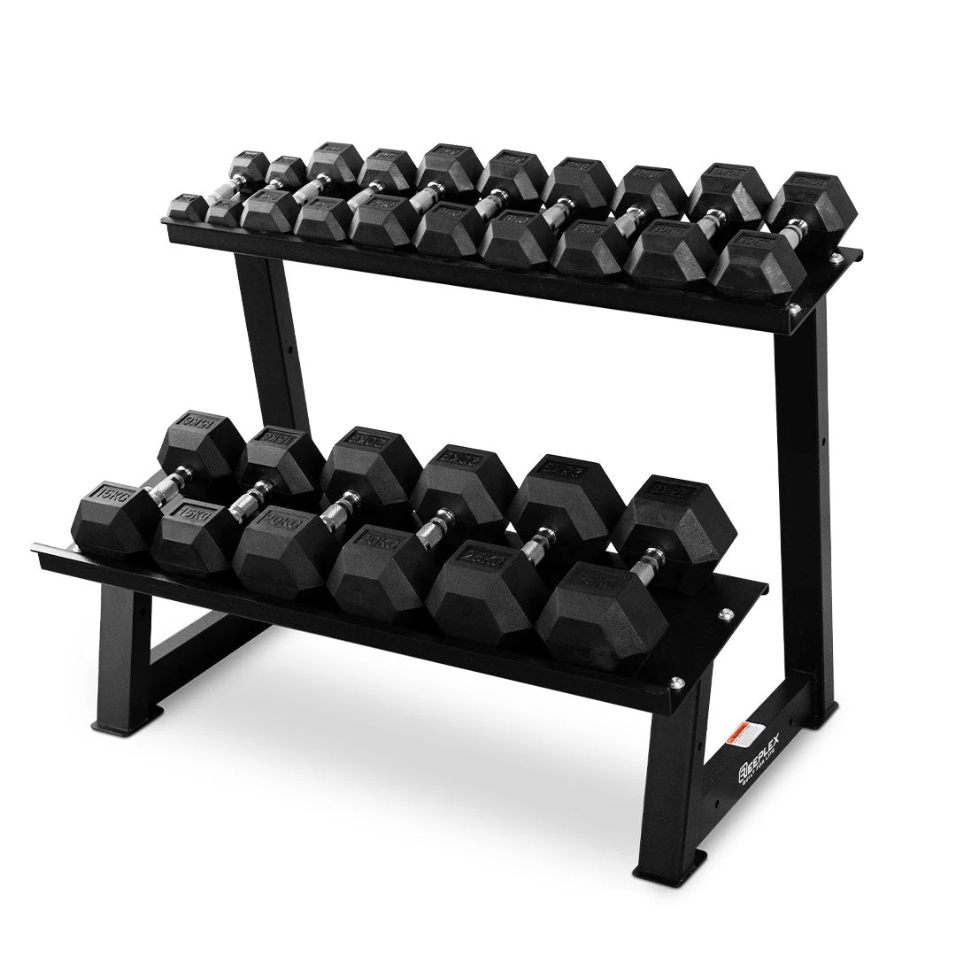 2-25kg Rubber Hex Dumbbell Set with 2-Tier Rack - Image 4