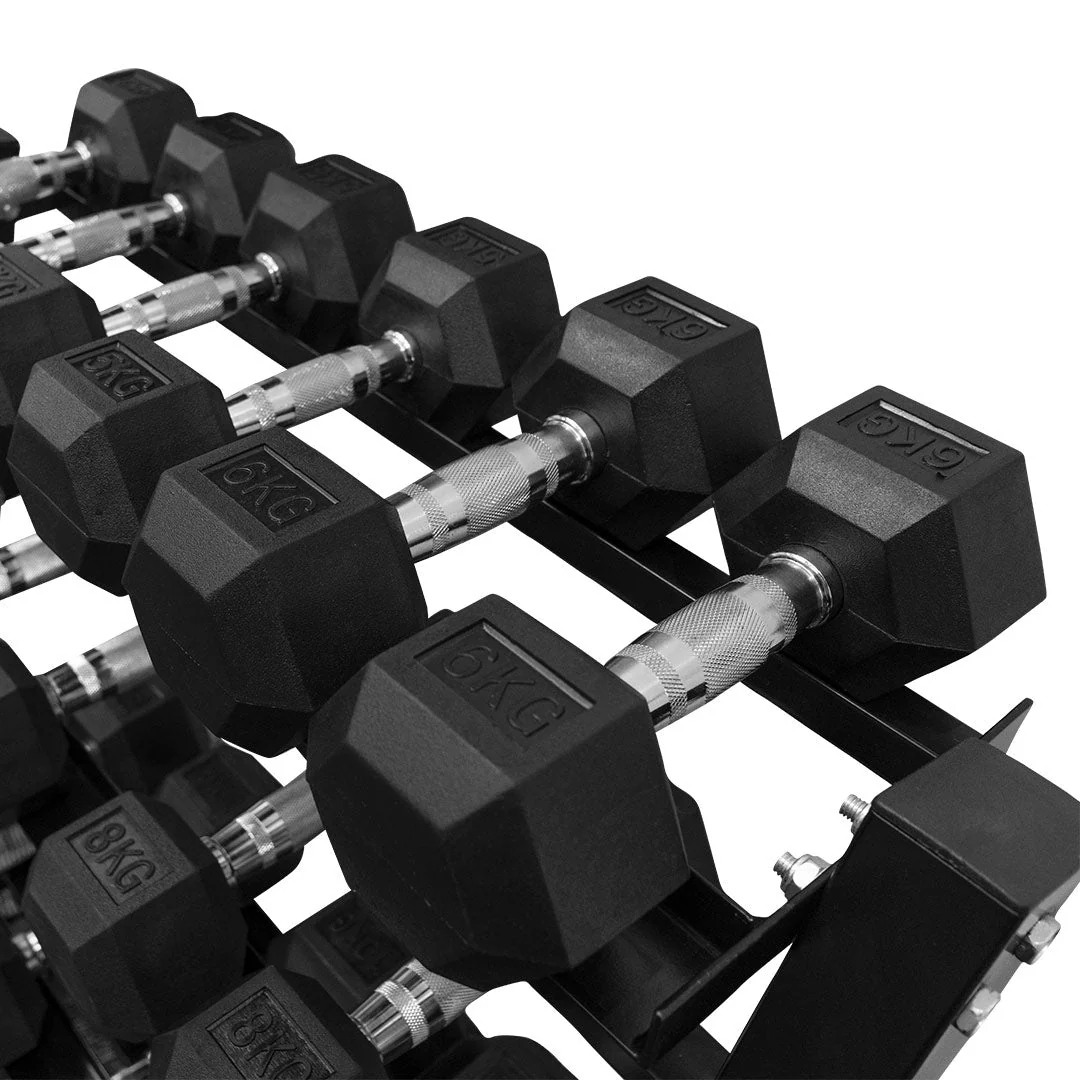 4-15kg Rubber Hex Dumbbells Set with Rack - Image 4