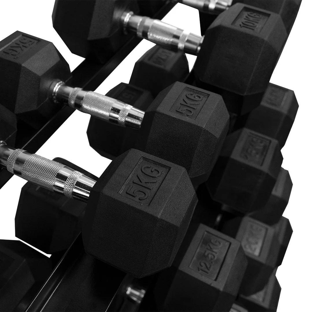 Rubber Hex Dumbbell Set & Rack (5-25 kg Range) - Image 4